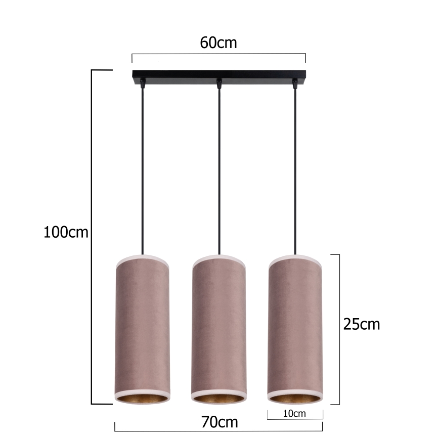 Taklampa på kabel AVALO 3xE27/60W/230V rosa/koppar