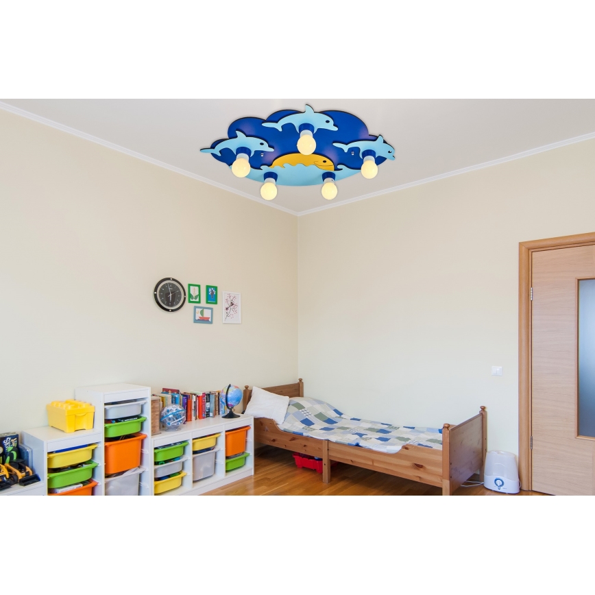 Taklampa för barnrum LUCCA 5xE27/24W/230V blå