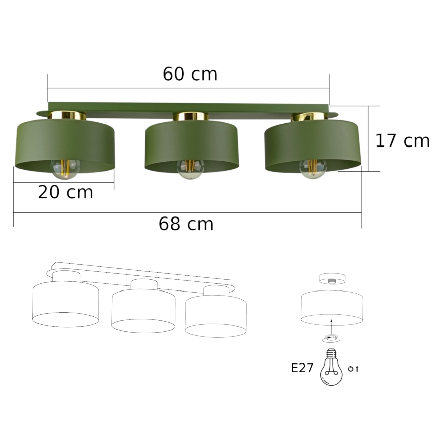 Taklampa IGNIA 3xE27/60W/230V grön