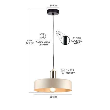 Taklampa på kabel LATTE 1xE27/60W/230V beige/svart/blank krom