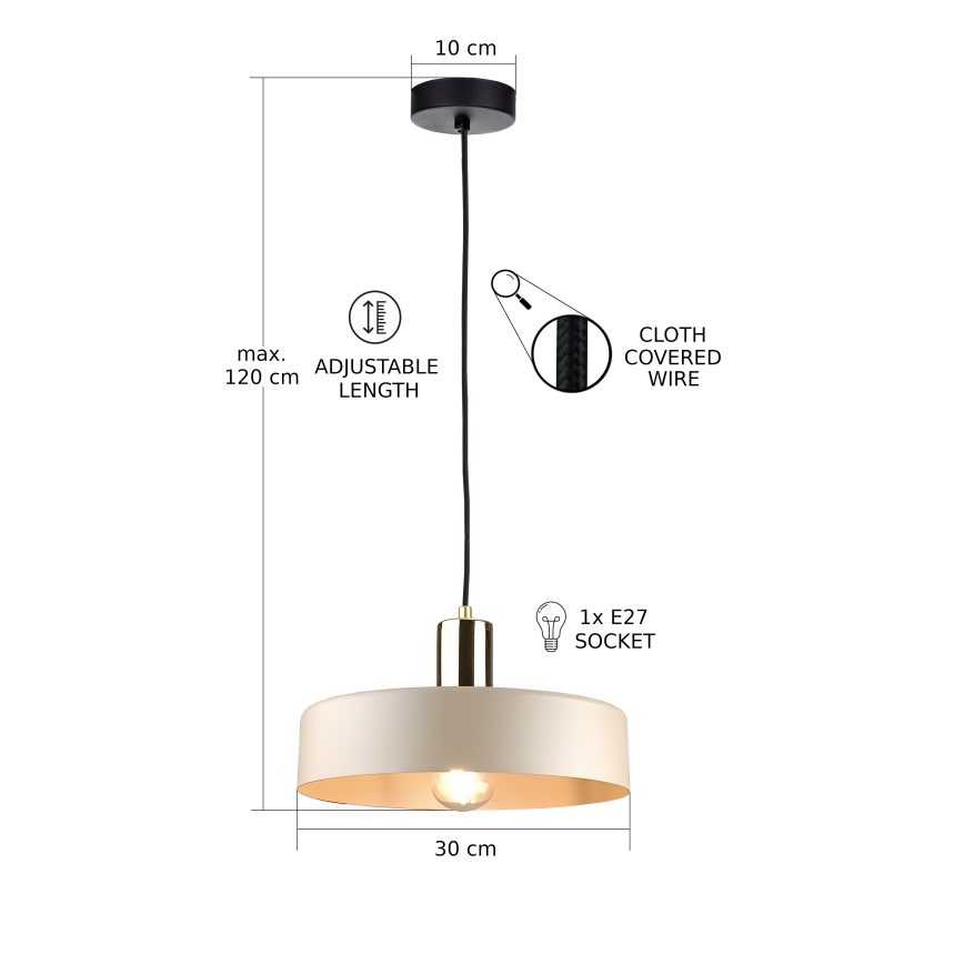 Taklampa på kabel LATTE 1xE27/60W/230V beige/svart/blank krom