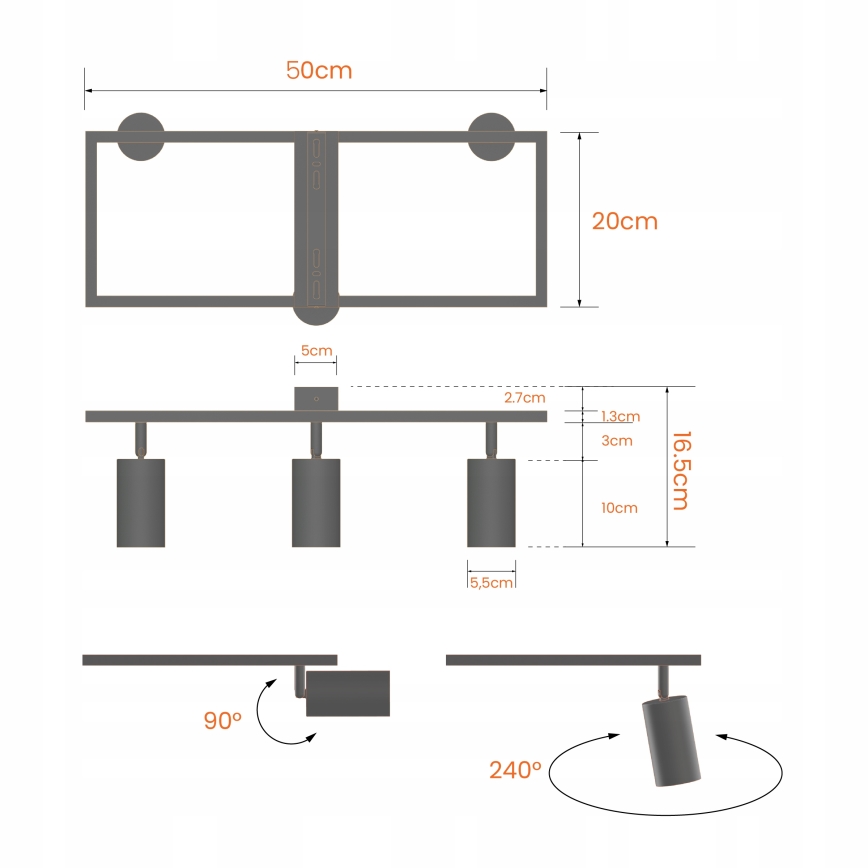 Takspot 3xGU10/30W/230V svart
