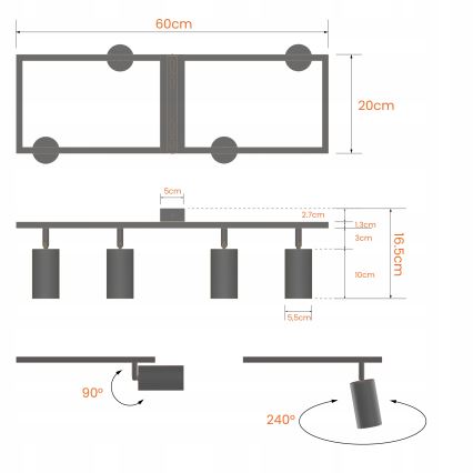 Takspotlight 4xGU10/30W/230V svart