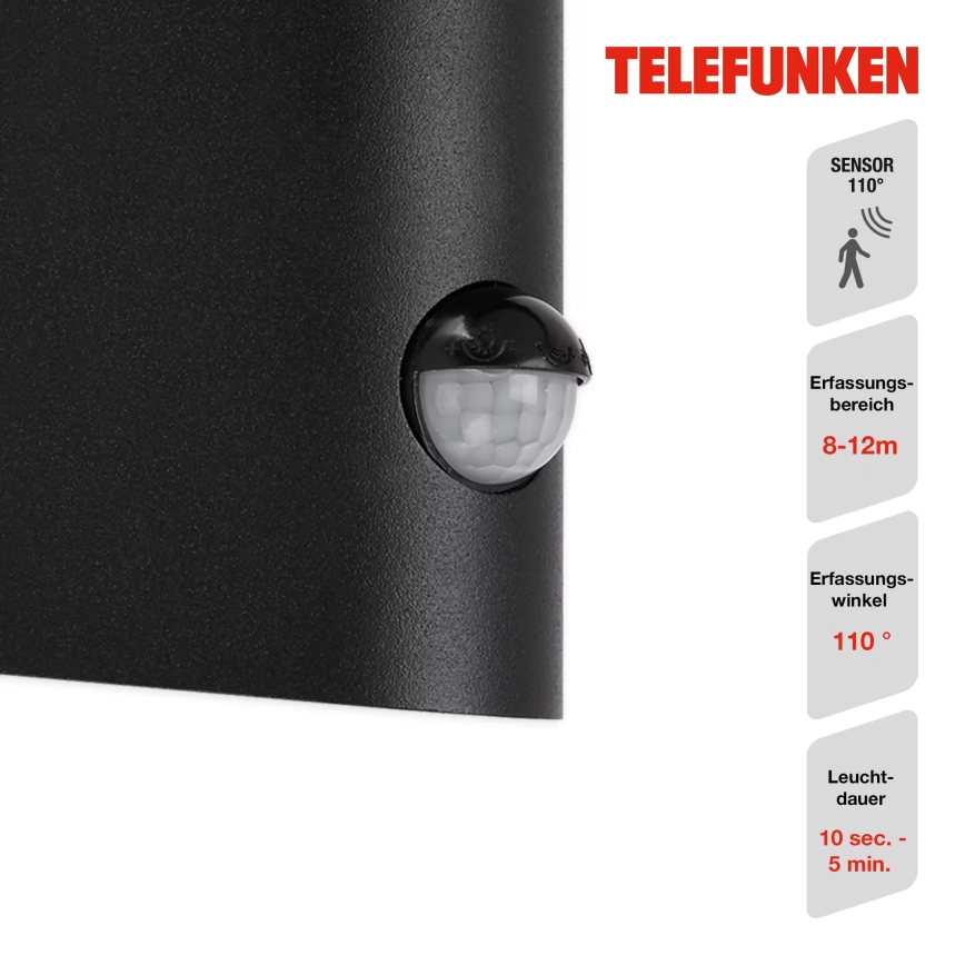 Telefunken 312505TF-LED Utomhus vägglampa med sensor LED/10W/230V IP44 svart