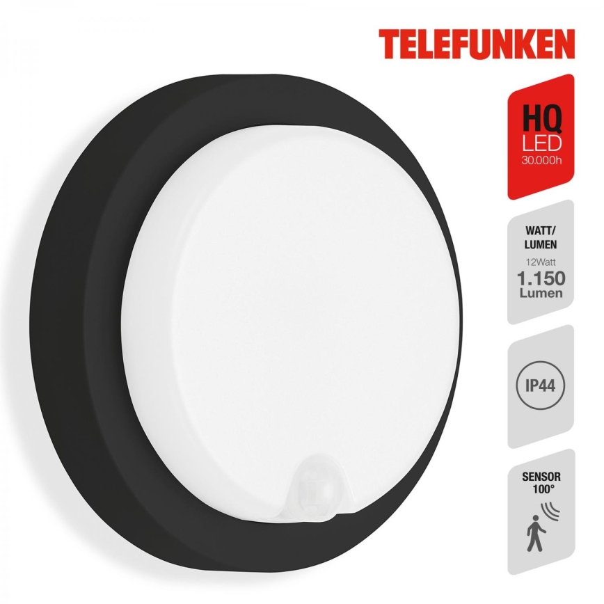 Telefunken 315305TF - LED Utomhus vägglampa med sensor LED/12W/230V IP44 svart