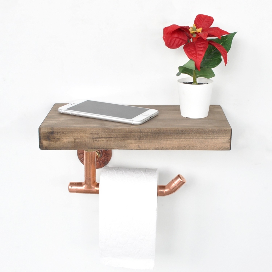 Toalettpappershållare med hylla 15x30 cm brun/koppar