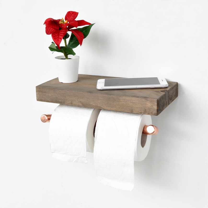 Toalettpappershållare med hylla  BORU 12x30 cm gran/koppar