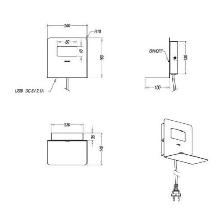 Trio - LED väggbelysning med en hylla ALOFT LED/3W/230V + USB uttag
