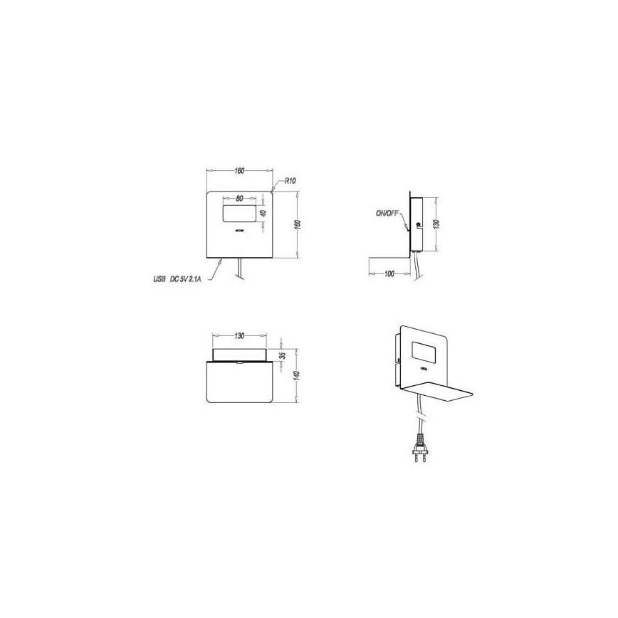 Trio - LED väggbelysning med en hylla ALOFT LED/3W/230V + USB uttag