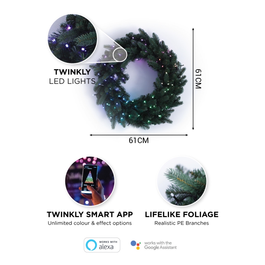 Twinkly - LED RGB Ljusreglerad Julkrans PRE-LIT WREATH 50xLED diameter 61cm Wi-Fi