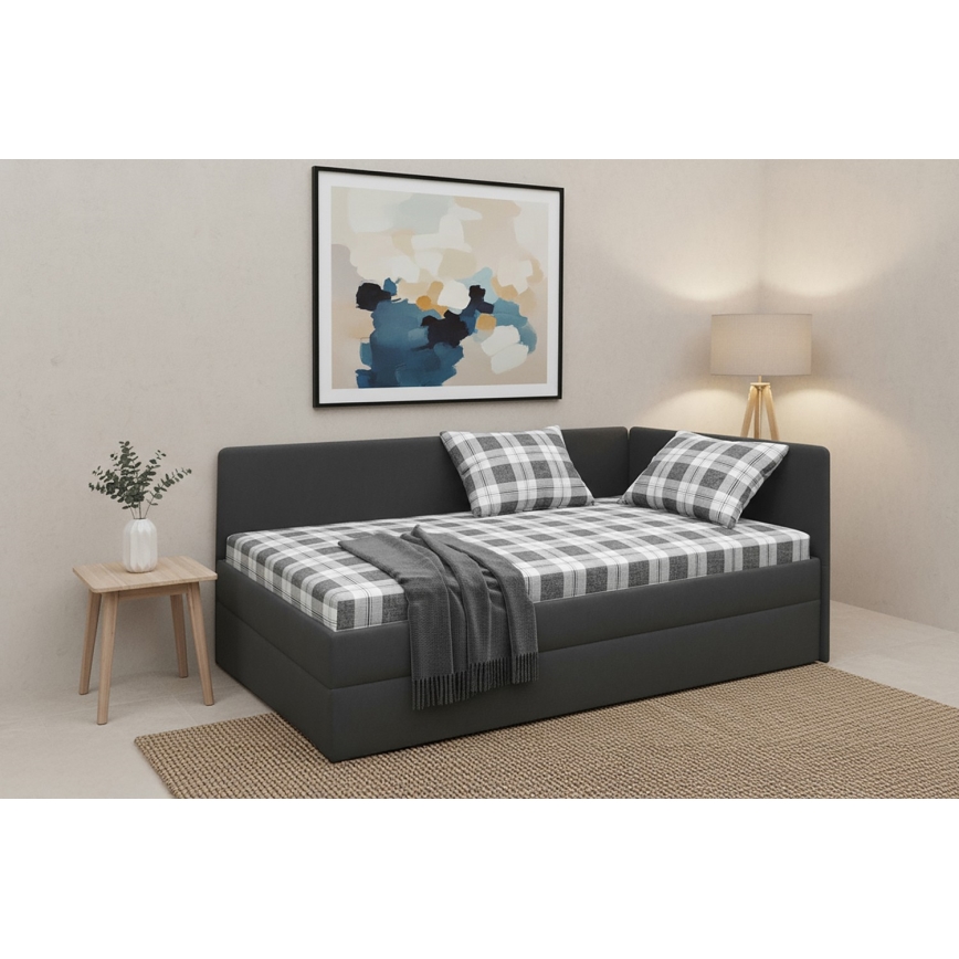Tygklädd divansäng ARLY 110x200 cm med vändbar huvudgavel (V/H), antracit/vit