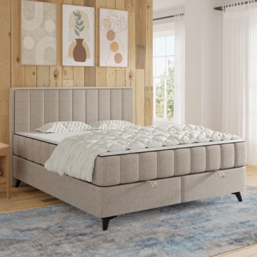 Tygklädd säng ALICIA 160x200 cm med madrasser, övermadrass och praktisk förvaring, beige