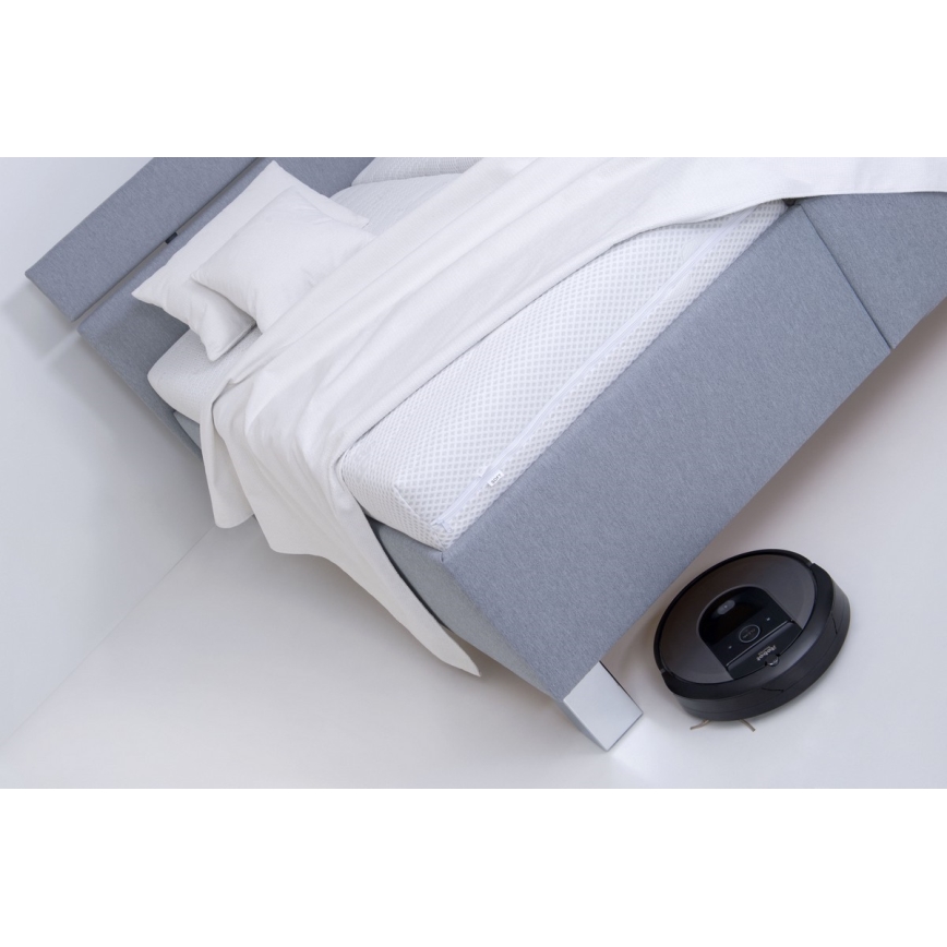 Tygklädd säng ALIS 160x200 cm med madrass och förvaringsutrymme, ljusgrå