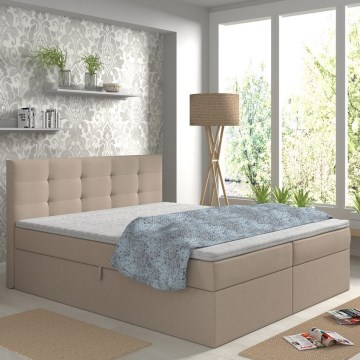 Tygklädd säng EMBER 160x200 cm med madrasser, toppmadrass och förvaringsutrymme, beige