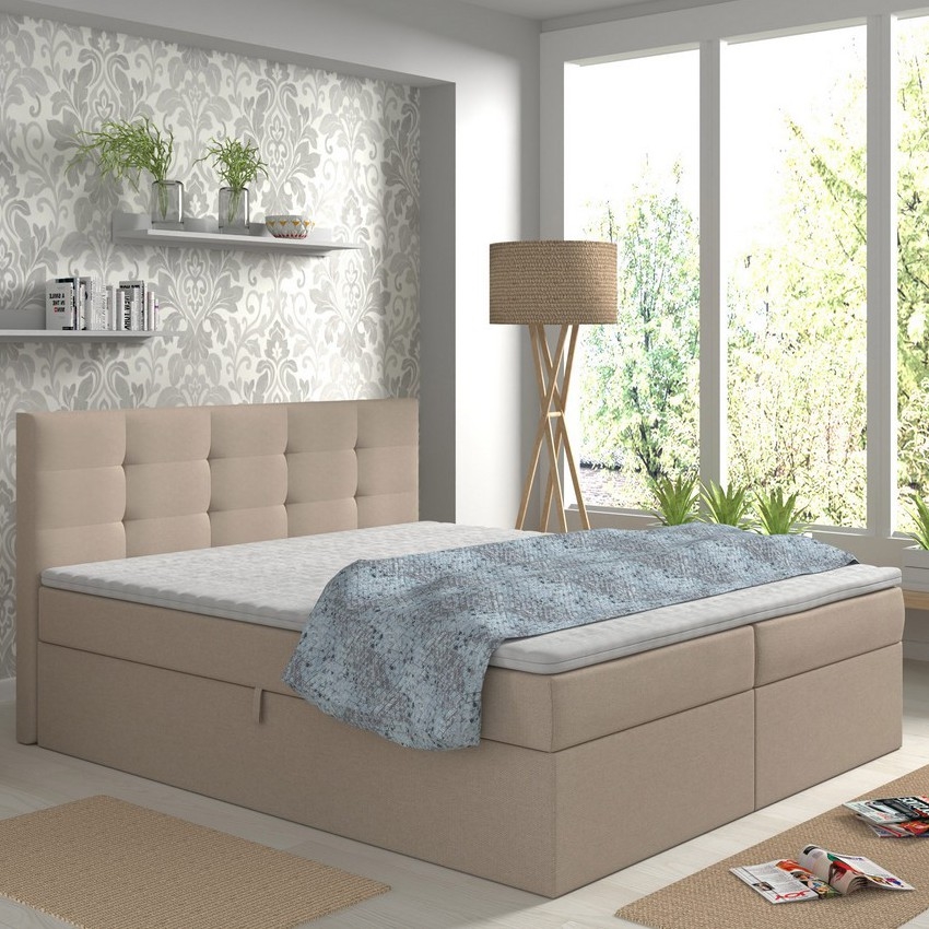 Tygklädd säng EMBER 180x200 cm med madrasser, toppmadrass och förvaringsutrymme, beige