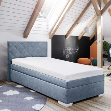 Tygklädd säng LANA 90x200 cm med förvaringsutrymme och madrass, blå