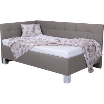Tygklädd säng MARIA PETITE 120x200 cm med madrass och förvaringsutrymme, taupe
