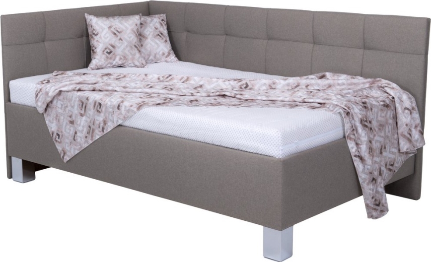 Tygklädd säng MARIA PETITE 120x200 cm med madrass och förvaringsutrymme, taupe
