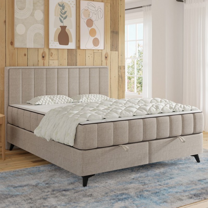 Tygklädd säng med madrasser och bäddmadrass med förvaringsutrymme ALICIA 140x200 cm beige