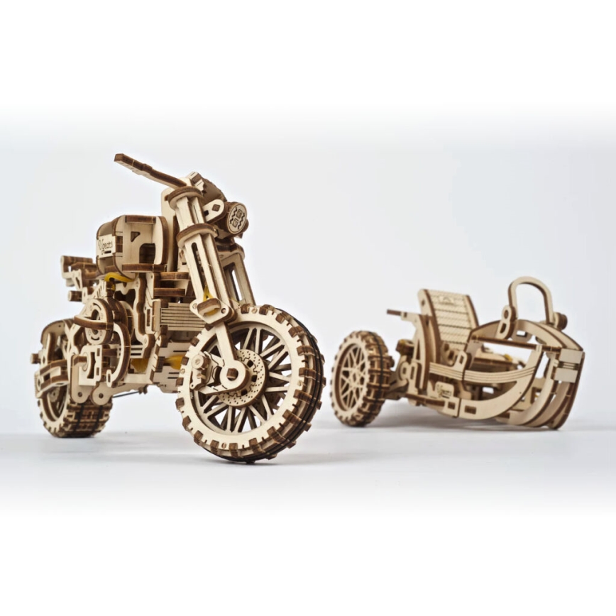 Ugears - 3D Mekaniskt pussel i trä Scrambler motorcykel med vagn