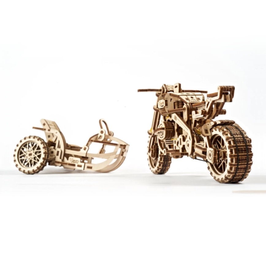 Ugears - 3D Mekaniskt pussel i trä Scrambler motorcykel med vagn