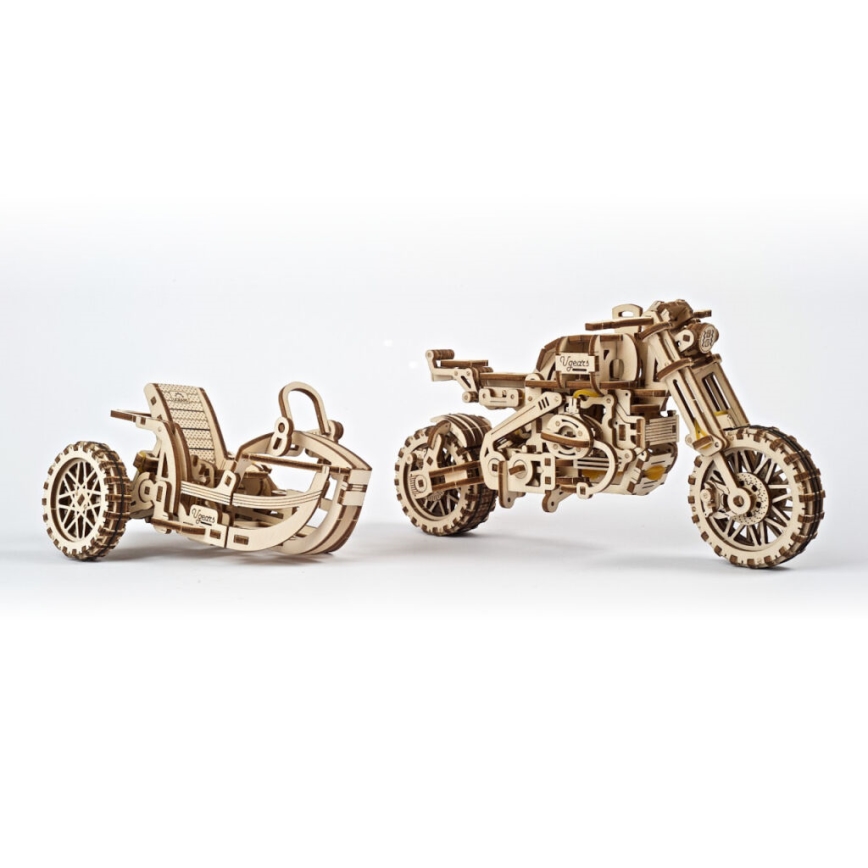 Ugears - 3D Mekaniskt pussel i trä Scrambler motorcykel med vagn
