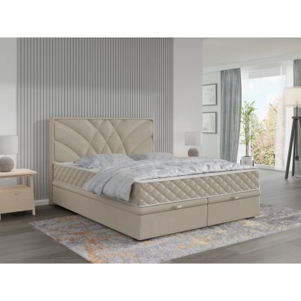 Tygklädd säng med madrasser och förvaringsutrymme GINA 180x200 cm beige