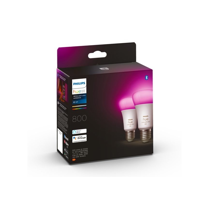 UPPSÄTTNING 2x LED ljusreglerad glödlampa  Philips Hue White And Color Ambiance A60 E27/6,5W/230V 2000-6500K