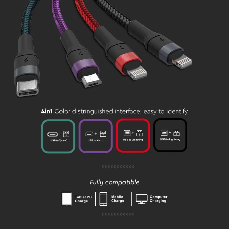 USB-kabel USB-A / USB Lightning  / MicroUSB / USB-C 1,2m Flerfärgad
