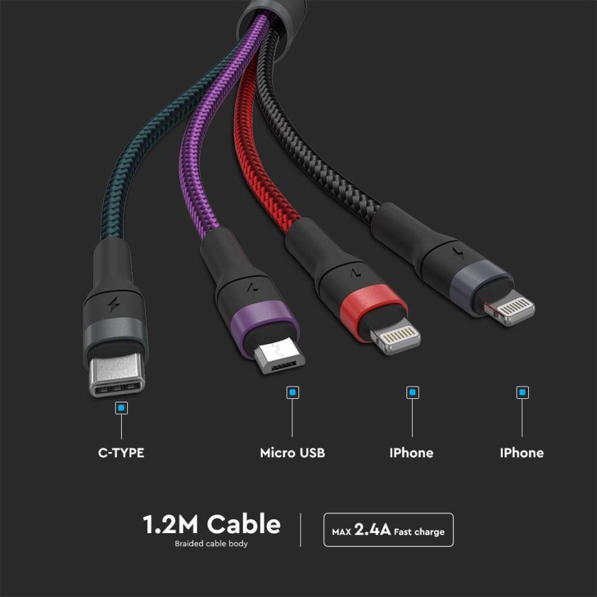 USB-kabel USB-A / USB Lightning  / MicroUSB / USB-C 1,2m Flerfärgad