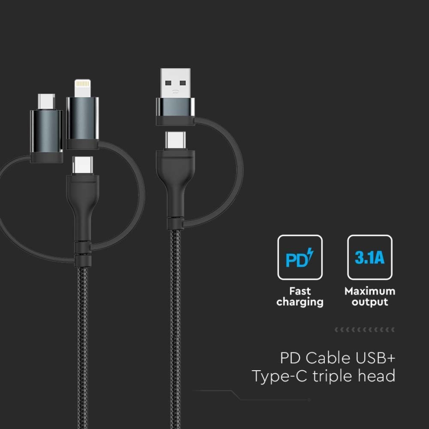 USB-kabel USB-A/ USB Lightning  / MicroUSB / USB-C Power Delivery 60W 1,2m svart
