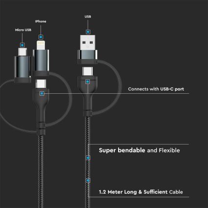 USB-kabel USB-A/ USB Lightning  / MicroUSB / USB-C Power Delivery 60W 1,2m svart