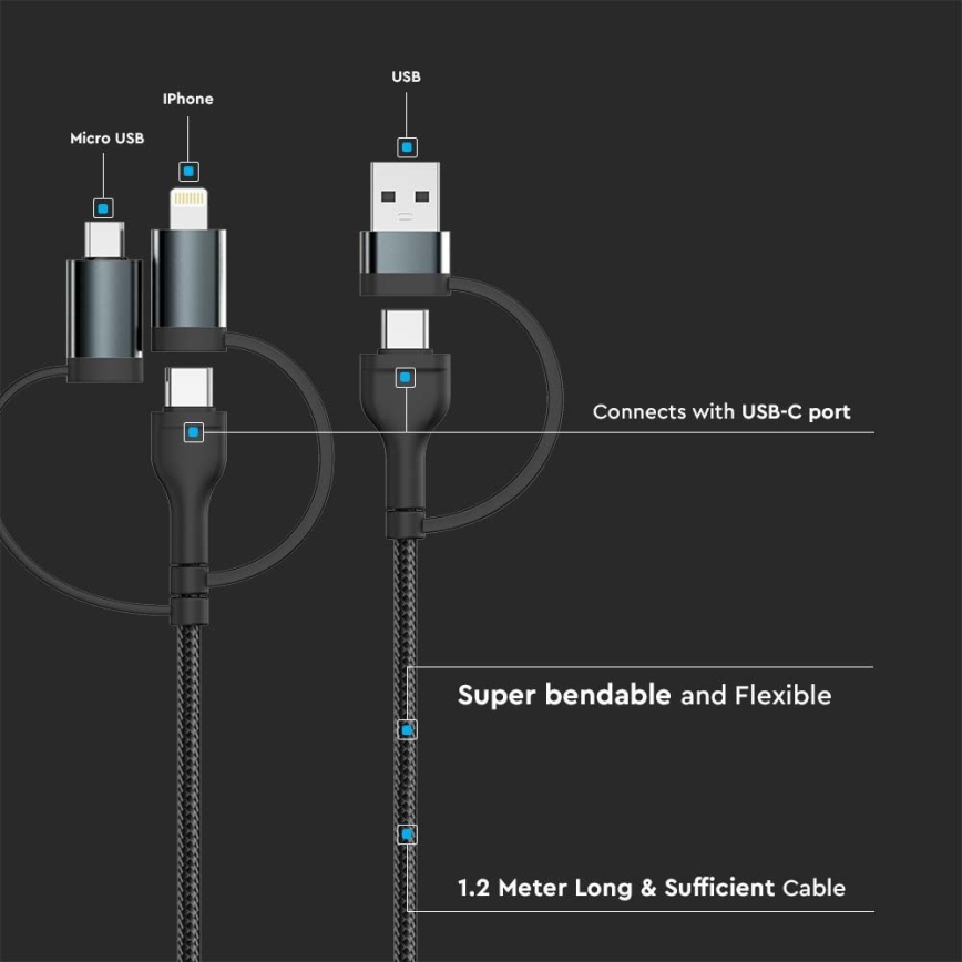 USB-kabel USB-A/ USB Lightning  / MicroUSB / USB-C Power Delivery 60W 1,2m svart