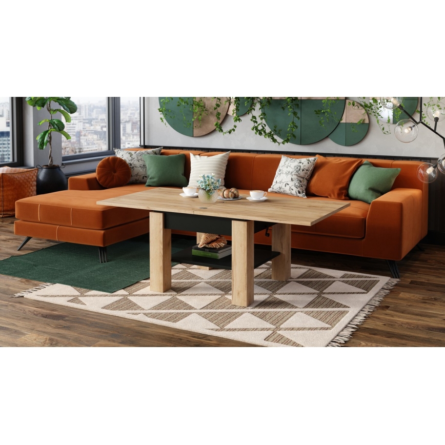 Utdragbart soffbord/matbord med lyftskiva CALEB ek craft/svart