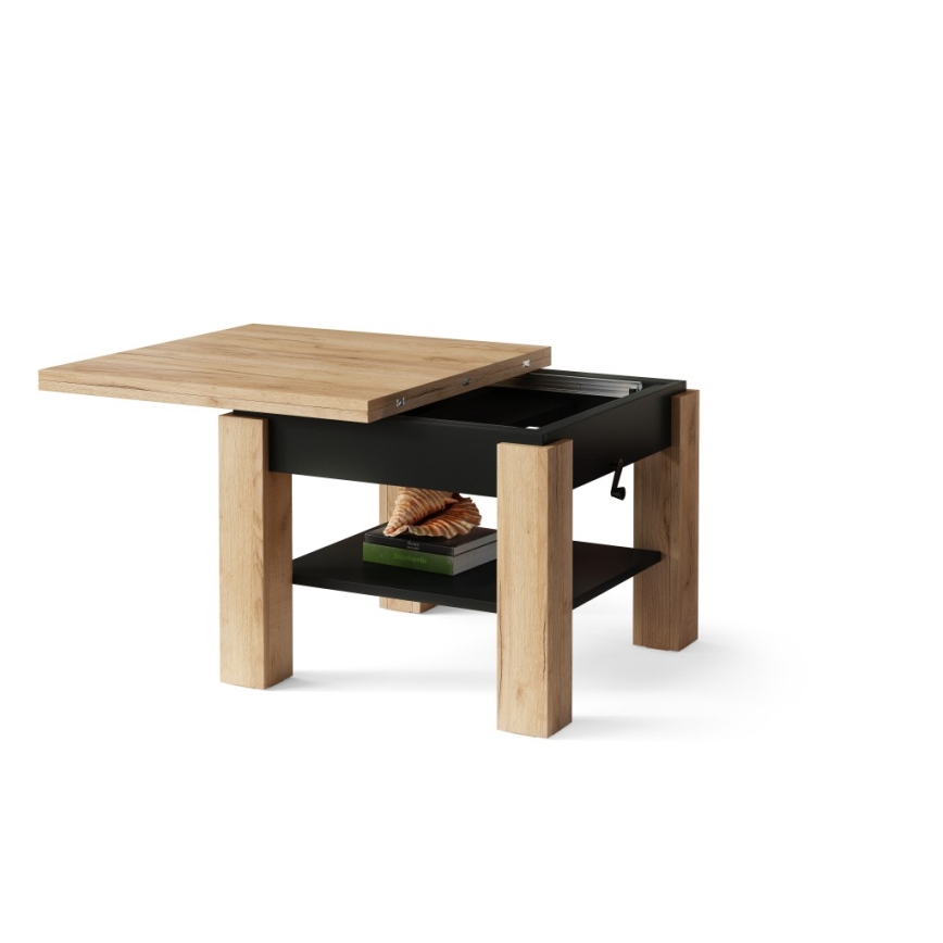 Utdragbart soffbord/matbord med lyftskiva CALEB ek craft/svart