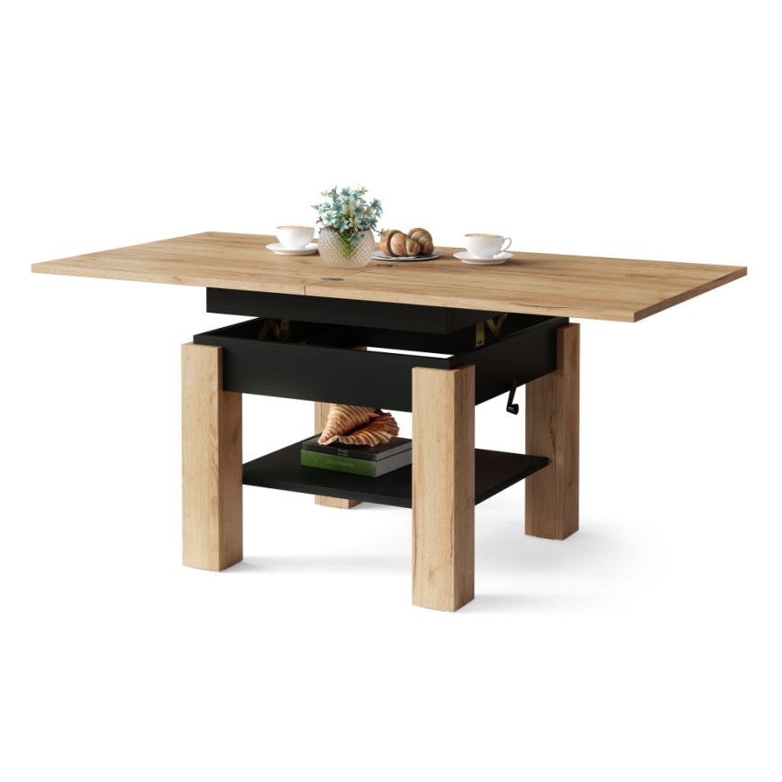 Utdragbart soffbord/matbord med lyftskiva CALEB ek craft/svart