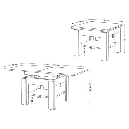 Utdragbart soffbord/matbord med lyftskiva CALEB ek craft/svart