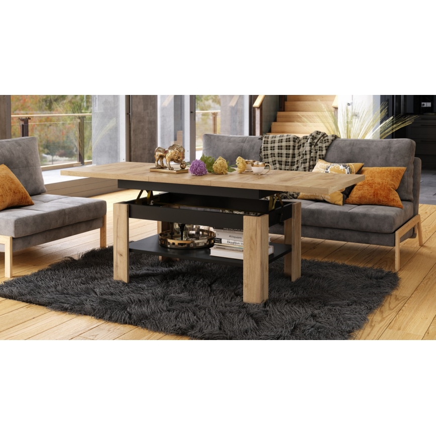 Utdragbart soffbord/matbord med lyftbar bordsskiva ROY ek craft/svart
