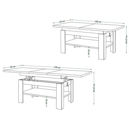 Utdragbart soffbord/matbord med lyftbar bordsskiva ROY ek craft/svart