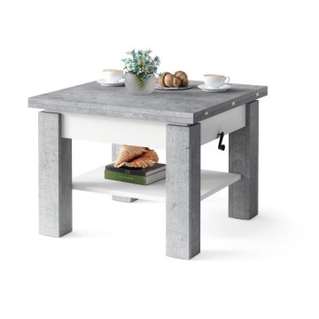 Utdragbart soffbord/matbord med lyftbar bordsskiva CALEB grå betong/vit