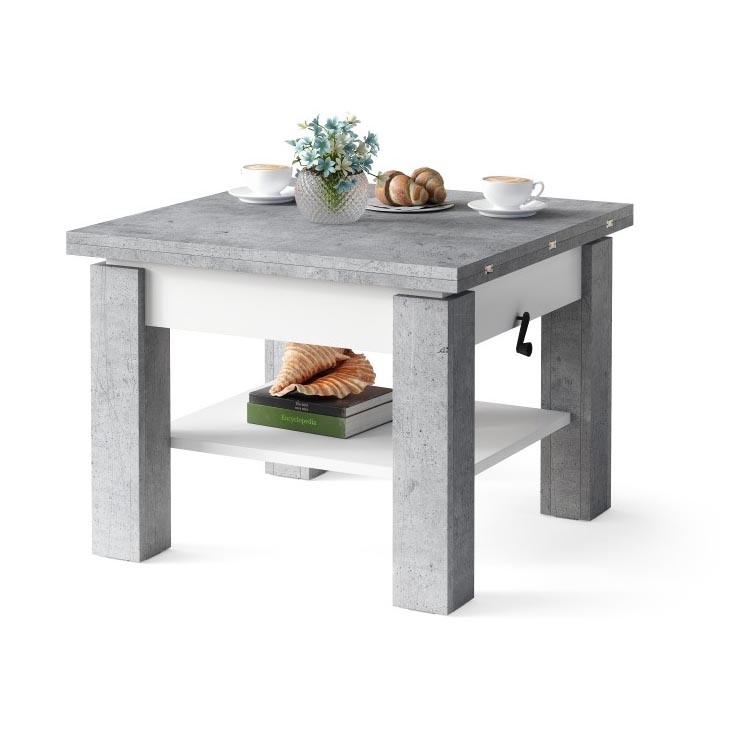 Utdragbart soffbord/matbord med lyftbar bordsskiva CALEB grå betong/vit