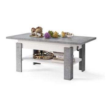 Utdragbart soffbord/matbord med lyftskiva ROY grå betong/vit