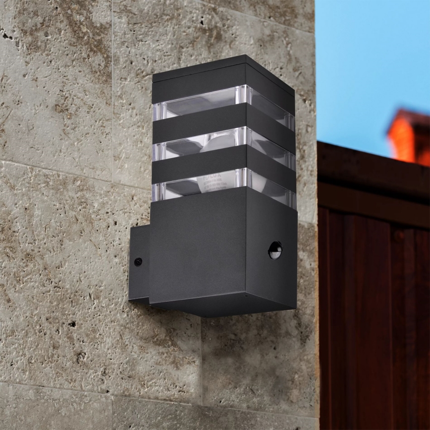 Utomhus vägglampa med sensor TEKSAS 1xE27/12W/230V IP44 antracit