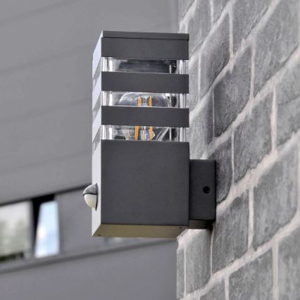 Utomhus vägglampa med sensor TEKSAS 1xE27/12W/230V IP44 antracit