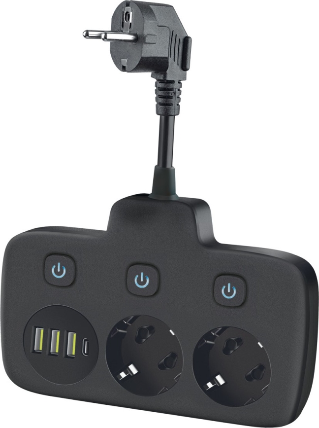 Uttagsdelare med strömbrytare LINEA 2x230V + 4xUSB A/C SCHUKO svart