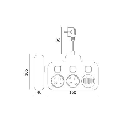 Uttagsdelare med strömbrytare LINEA 2x230V + 4xUSB A/C SCHUKO svart