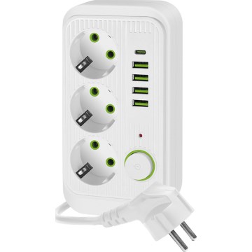 Uttagsdelare med strömbrytare LINEA 3x230V + 5xUSB A/C SCHUKO 3 m vit