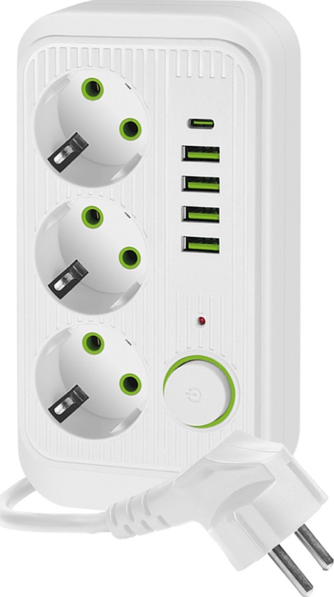Uttagsdelare med strömbrytare LINEA 3x230V + 5xUSB A/C SCHUKO 3 m vit