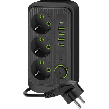 Uttagsdelare med strömbrytare LINEA 3x230V + 5xUSB A/C SCHUKO 5 m svart
