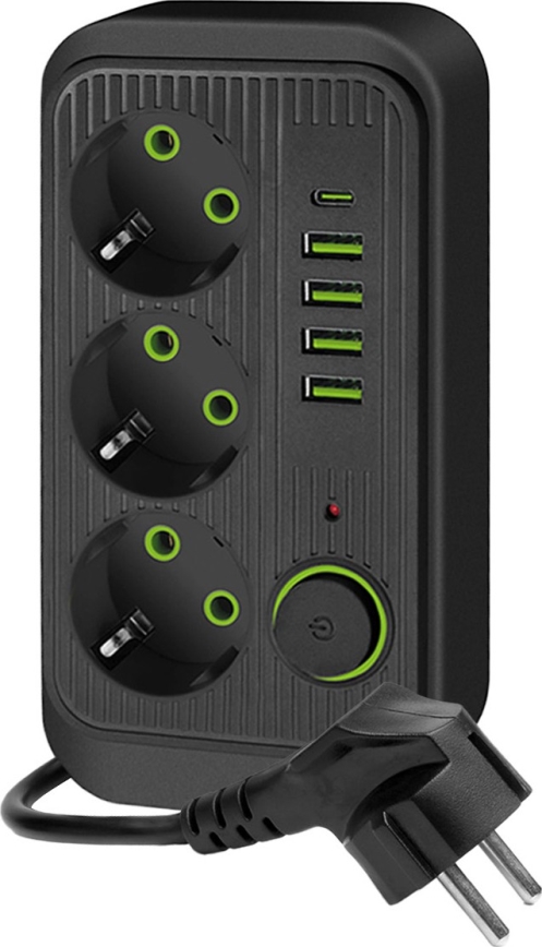 Uttagsdelare med strömbrytare LINEA 3x230V + 5xUSB A/C SCHUKO 5 m svart